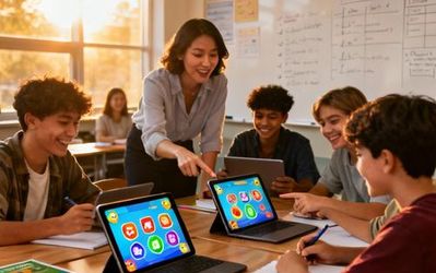 Educational technology team implementing gamification apps on tablets and laptops in modern classroom