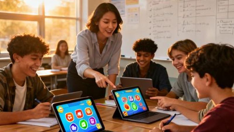 Educational technology team implementing gamification apps on tablets and laptops in modern classroom