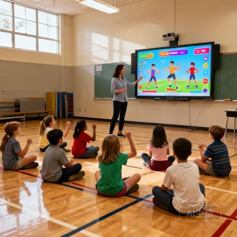 Teacher demonstrating gamified exercise app on smart board to engaged elementary students