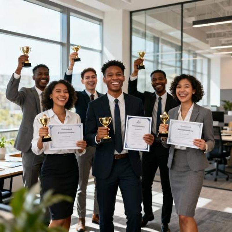 Diverse team celebrating achievements with certificates and trophies in modern office