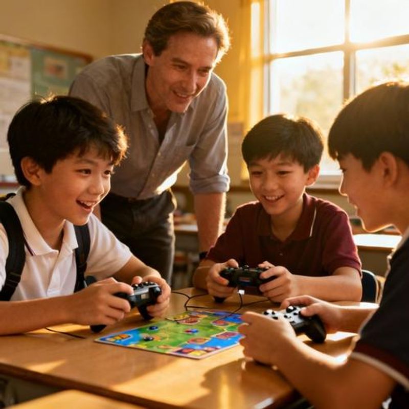 Teacher observing students collaborating on educational game activities