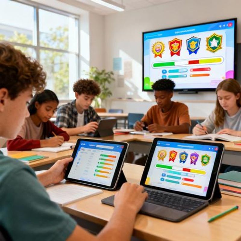 Students actively engaged with gamified learning interface showing achievement badges and progress tracking
