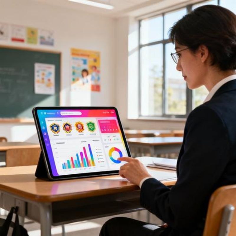 Educator analyzing student progress data on tablet with gamification metrics and achievement analytics