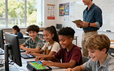 Students engaged in educational gaming activities in a modern classroom setting