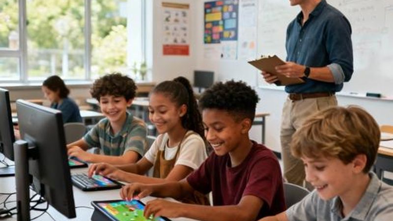 Students engaged in educational gaming activities in a modern classroom setting