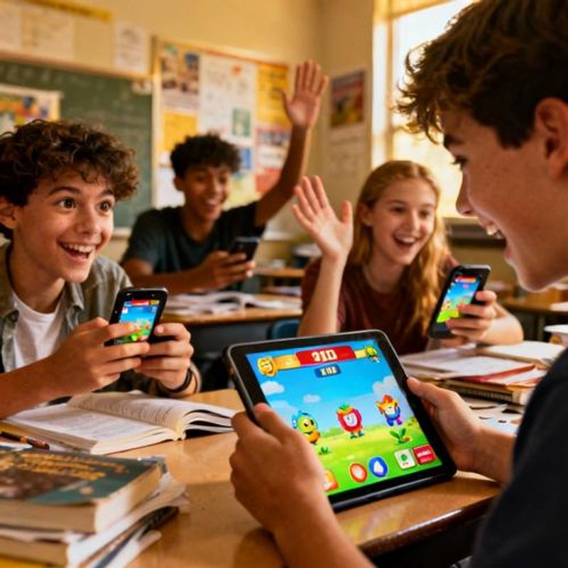 Students actively engaged with gamified learning content on various devices