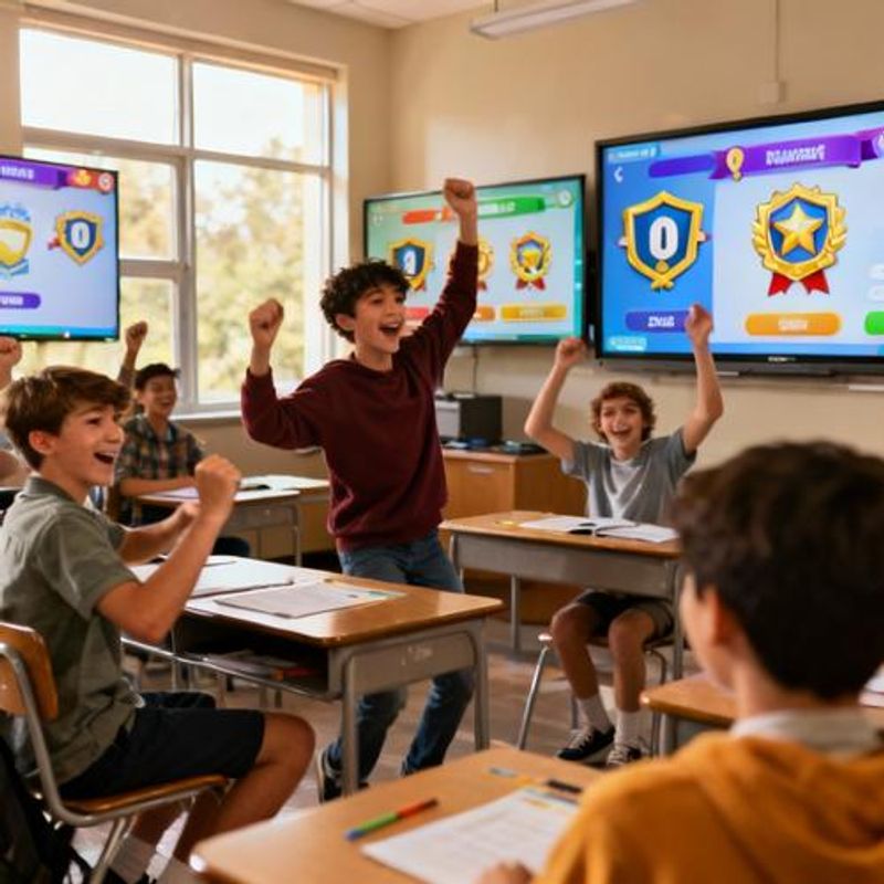 Students actively participating in gamified learning activity with points and badges visible