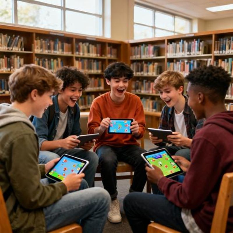 Diverse group of students collaborating on gamified learning challenges using mobile devices