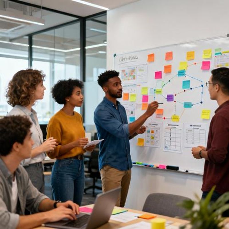 Marketing team brainstorming gamification strategy with sticky notes and game mechanics diagrams on whiteboard