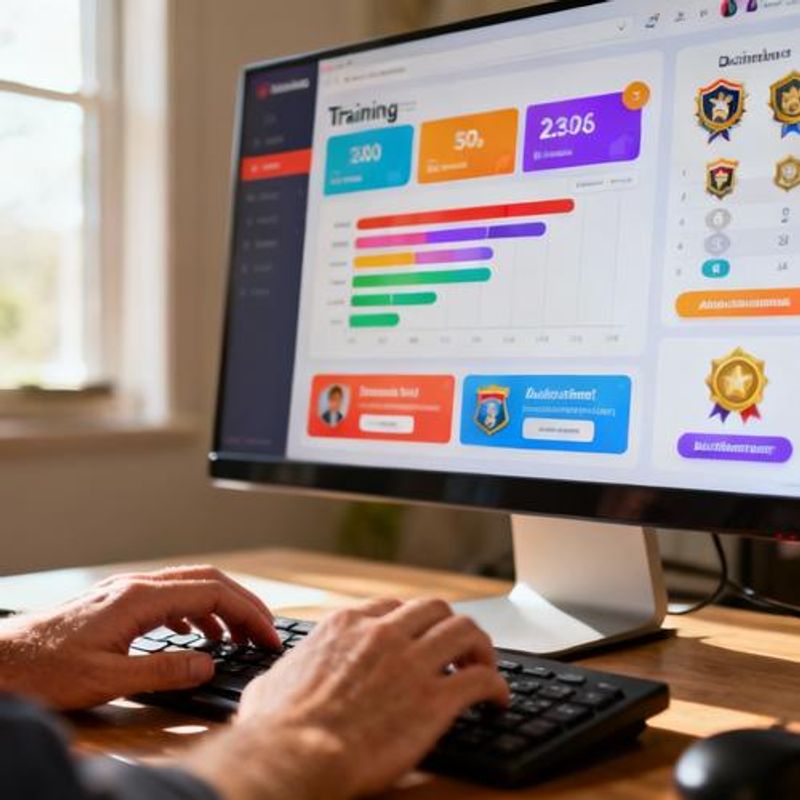 Employee completing gamified training module showing progress bars and achievement badges