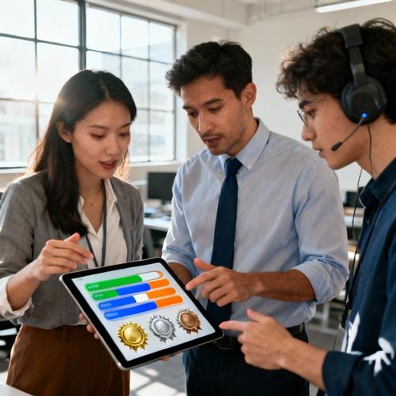 Team members collaborating around tablet showing progress tracking interface