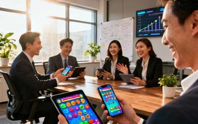 Business professionals engaging with gamified workplace technology on tablets and smartphones