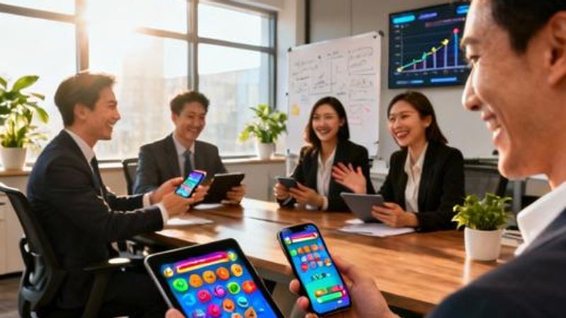 Business professionals engaging with gamified workplace technology on tablets and smartphones