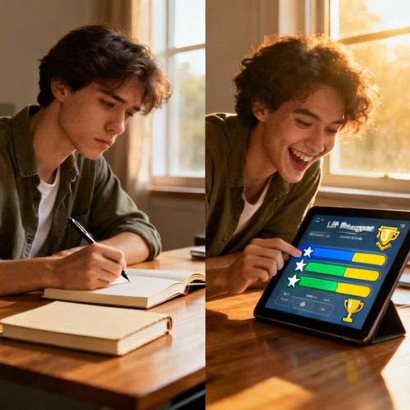 Split screen showing person's daily routine transformed from mundane tasks to gamified challenges