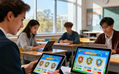 Education professionals using gamification platform on tablets and laptops in modern classroom