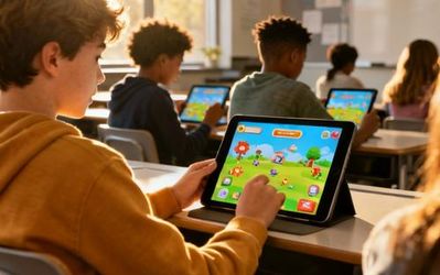 Students engaging with gamified educational app on tablet devices in modern classroom