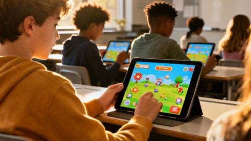 Students engaging with gamified educational app on tablet devices in modern classroom