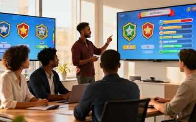 Diverse group of professionals engaged in interactive gamified training session with digital badges and progress indicators