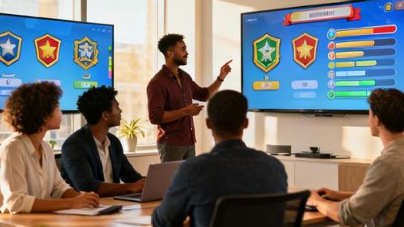 Diverse group of professionals engaged in interactive gamified training session with digital badges and progress indicators