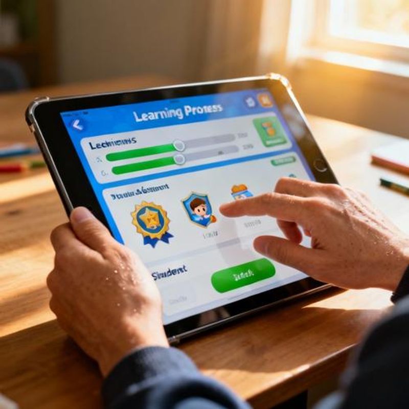 Close-up of educational game interface showing learning progress and achievements