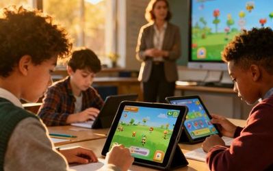 Students engaged with interactive digital learning platform showing game elements