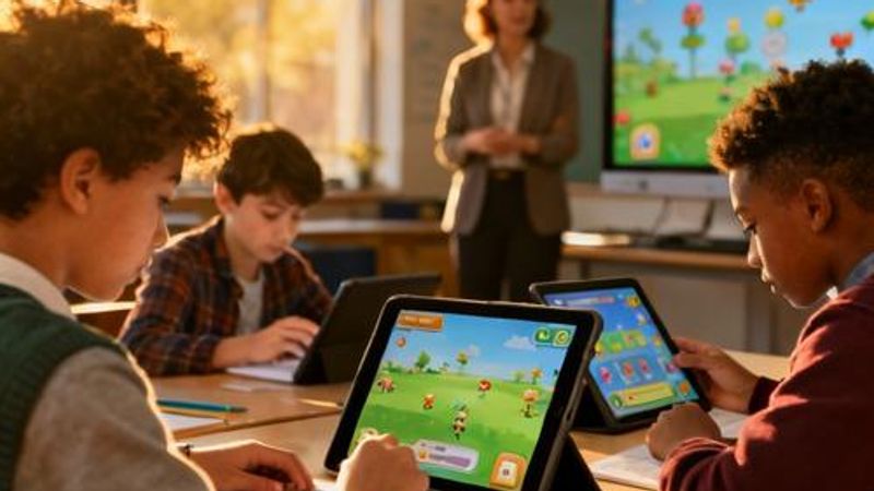 Students engaged with interactive digital learning platform showing game elements