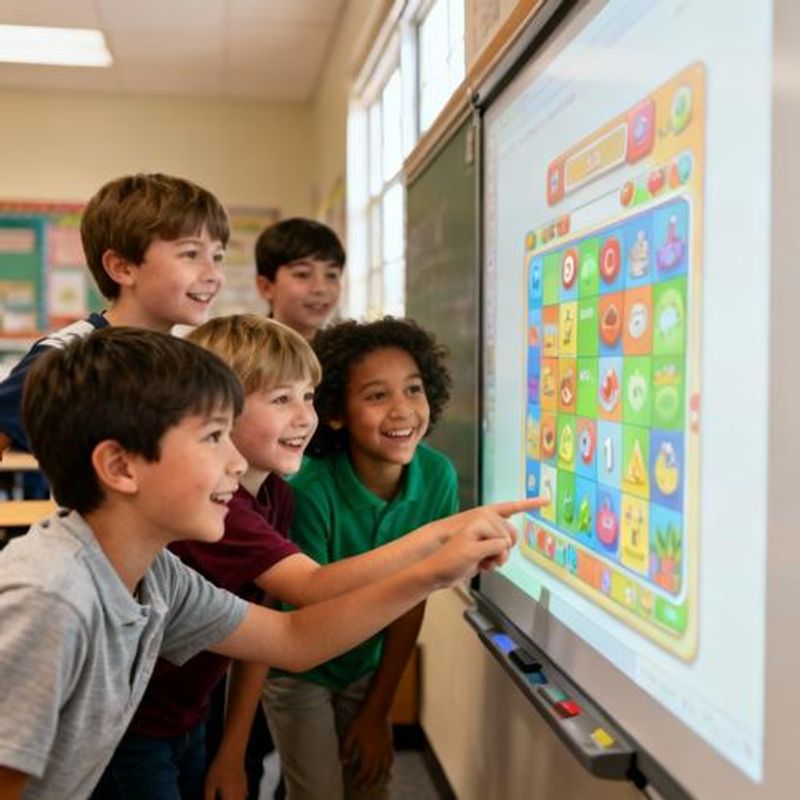 Elementary students collaborating around a large interactive display showing educational game elements