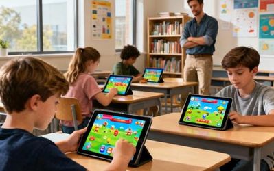 Students using gamified educational app on tablets in modern classroom