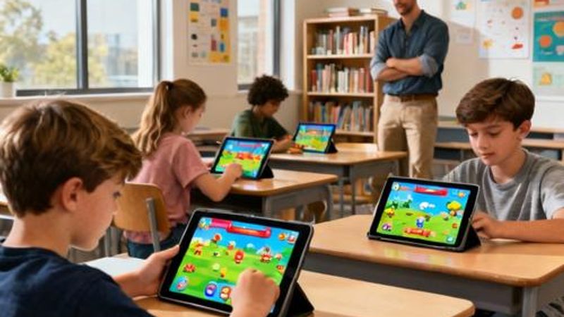 Students using gamified educational app on tablets in modern classroom
