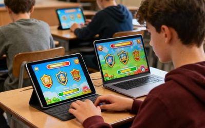 Students engaged with interactive educational technology showing gamified learning elements