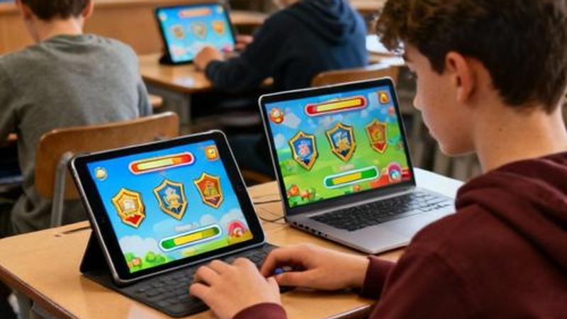 Students engaged with interactive educational technology showing gamified learning elements