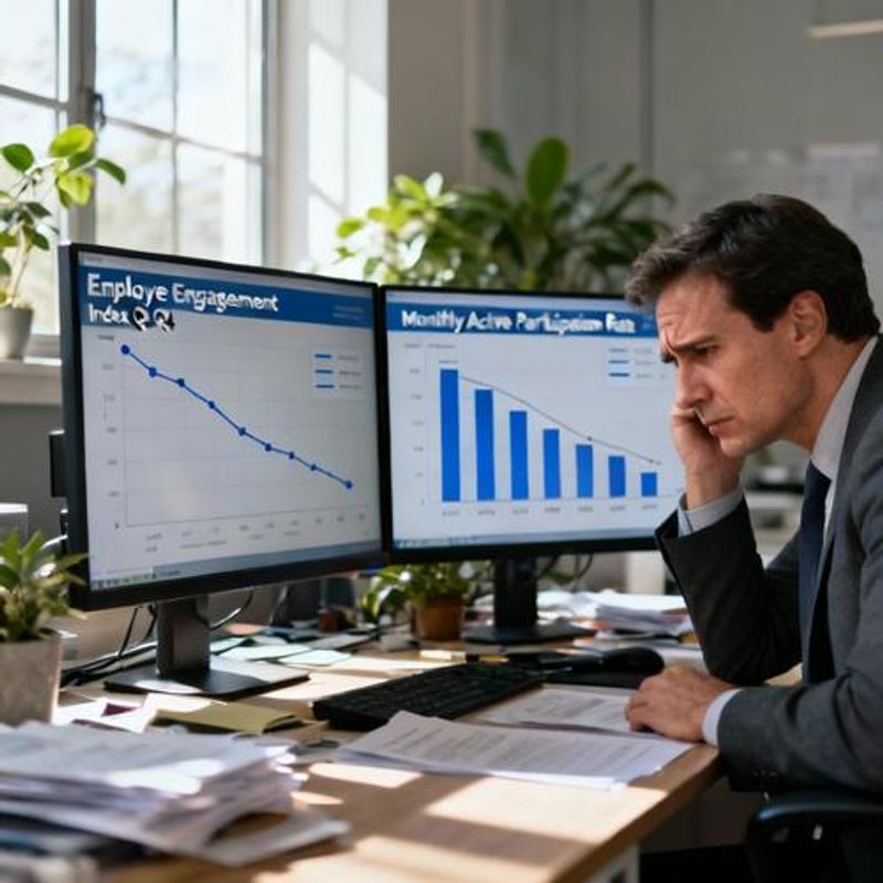 Businessman looking at declining engagement metrics on computer dashboard