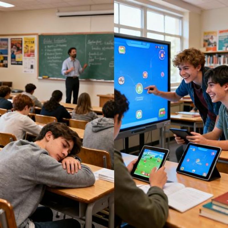 Split screen showing traditional classroom vs gamified learning environment with visible student engagement differences
