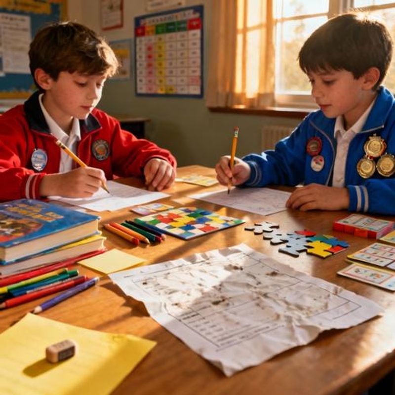 Students collaborating around table with gamified learning materials including badges and progress charts
