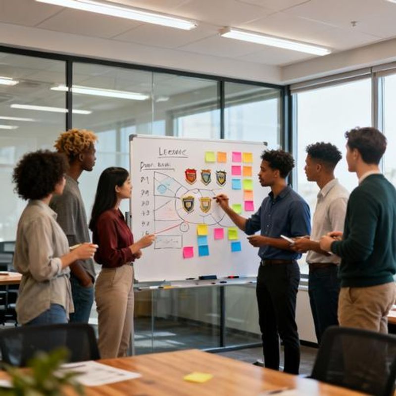 Marketing team collaborating around whiteboard with gamification strategy elements