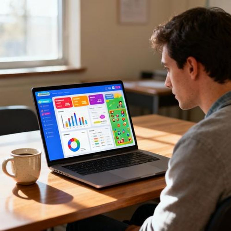 Teacher reviewing student progress data on laptop screen showing game-based learning analytics dashboard