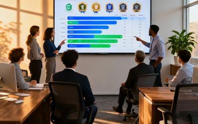 Business professionals collaborating with digital game elements and progress tracking on screen