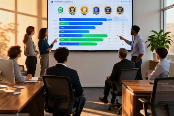 Business professionals collaborating with digital game elements and progress tracking on screen