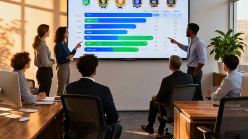 Business professionals collaborating with digital game elements and progress tracking on screen