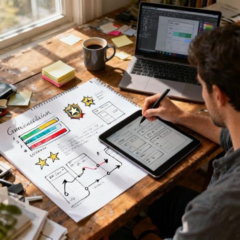 UX designer sketching gamification wireframes for educational app interface with progress bars and achievement systems