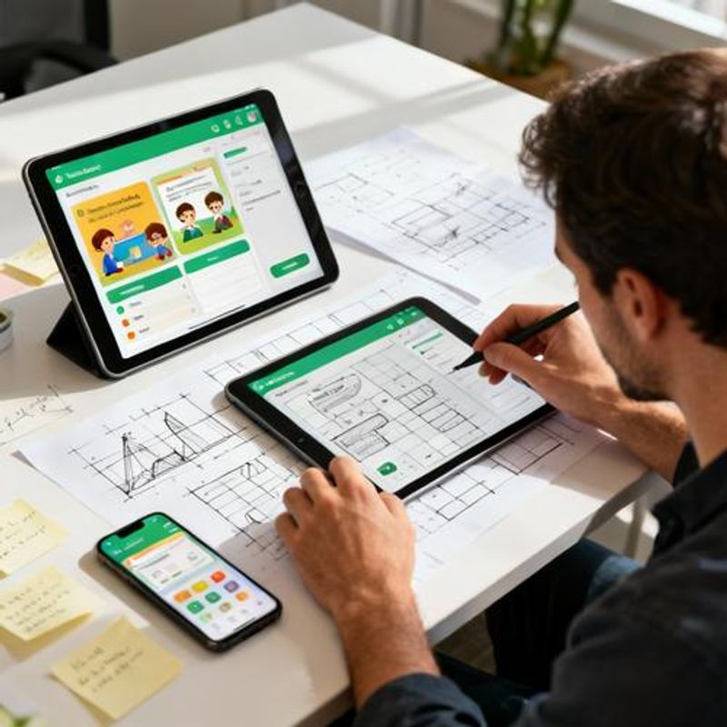UX designer sketching mobile app wireframes with gamification elements on a desk with tablets and design materials