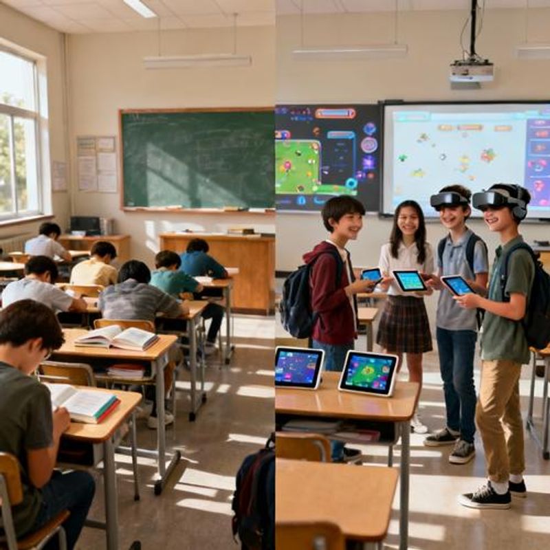 Split screen showing traditional classroom vs gamified classroom with visible student engagement differences