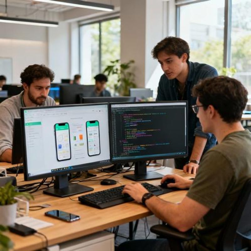 Development team collaborating around computers with code and app prototypes visible on screens