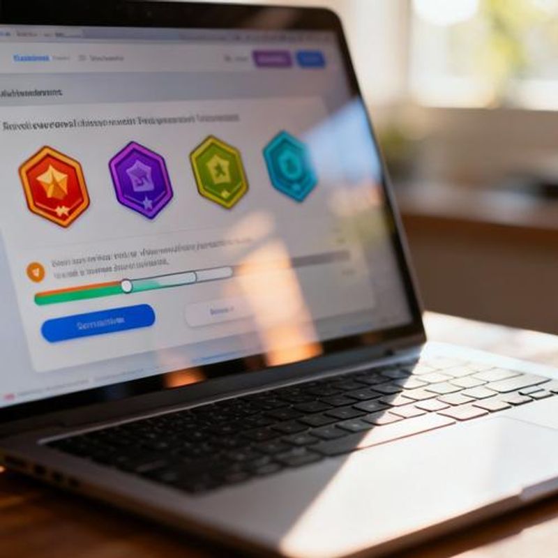 Close-up of student's computer screen showing earned digital badges and achievements