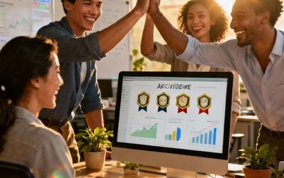 Professional office team celebrating achievement with trophy and progress charts on wall