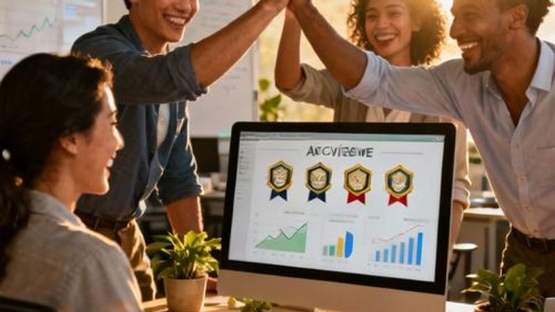 Professional office team celebrating achievement with trophy and progress charts on wall