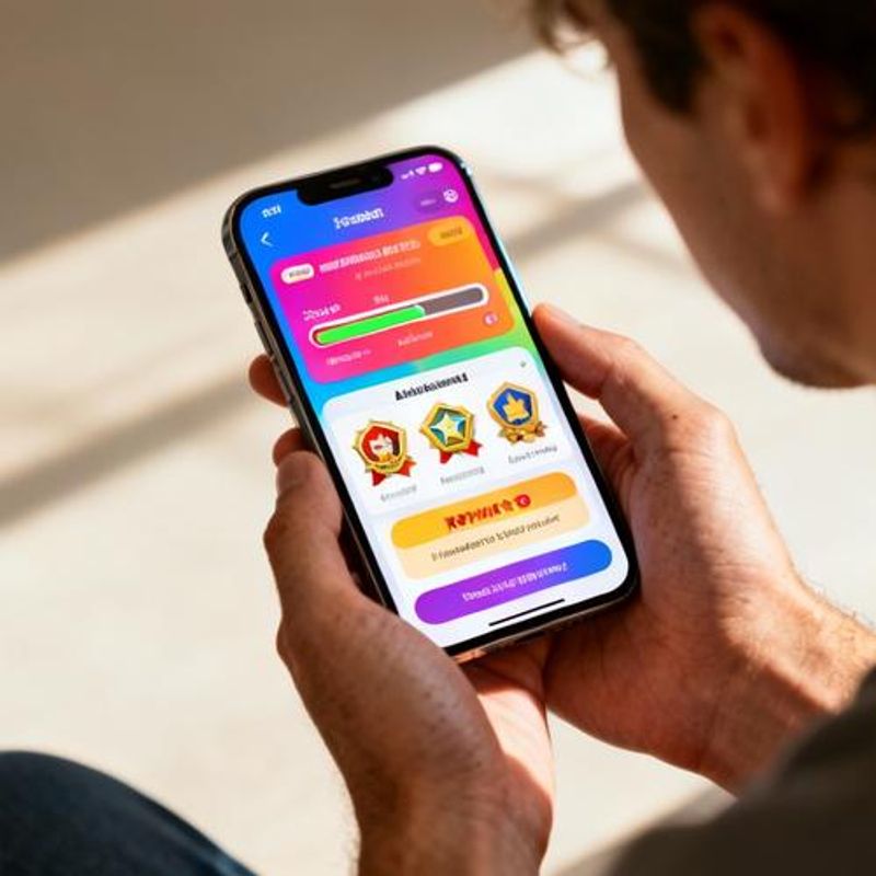 Customer using mobile app with gamification elements like points and rewards