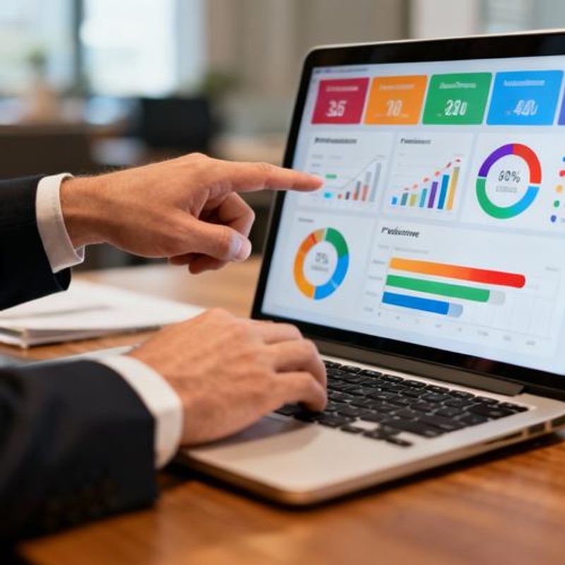 Business professional analyzing gamification dashboard with performance metrics