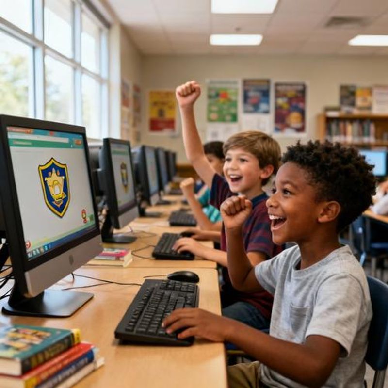 Students celebrating achievement in educational gaming environment