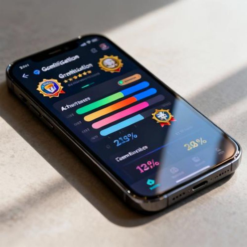 Smartphone displaying a workplace app with progress bars, achievement badges, and team leaderboard